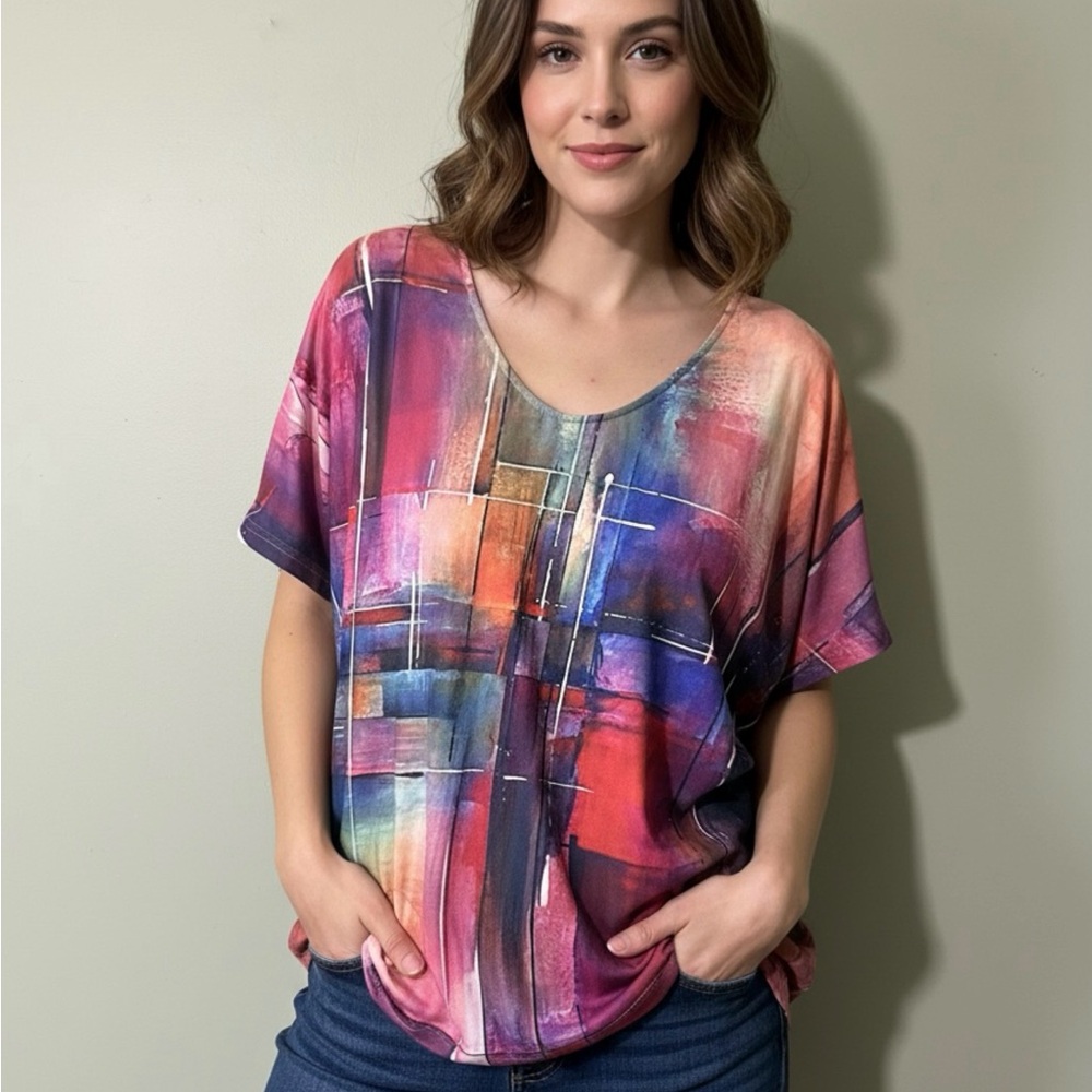 SHEIN Multicolor Abstract Short Sleeve Top